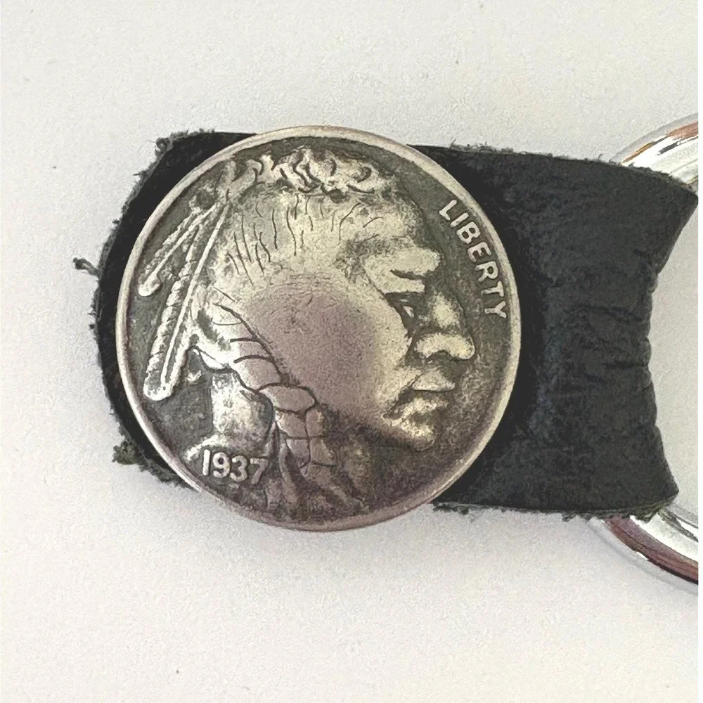 Biker Vest Extender Double Chrome Chain‎ 1937 Buffalo Nickel Indian Head Leather